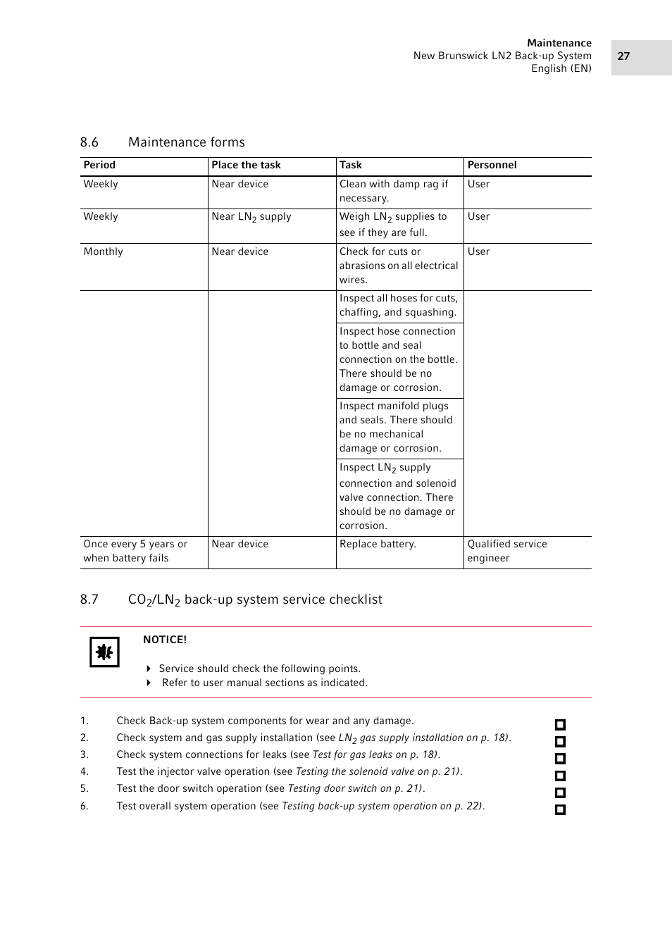 6 maintenance forms, 7 co2/ln2 back-up system service checklist, Maintenance forms | Back-up system service checklist, 6 maintenance forms 8.7 co | Eppendorf LN2 Backup System User Manual | Page 27 / 40