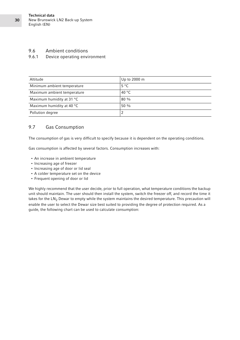 6 ambient conditions, 1 device operating environment, 7 gas consumption | Ambient conditions 9.6.1, Device operating environment, Gas consumption | Eppendorf LN2 Backup System User Manual | Page 30 / 40