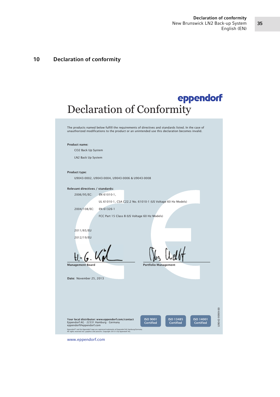 10 declaration of conformity, Declaration of conformity | Eppendorf LN2 Backup System User Manual | Page 35 / 40