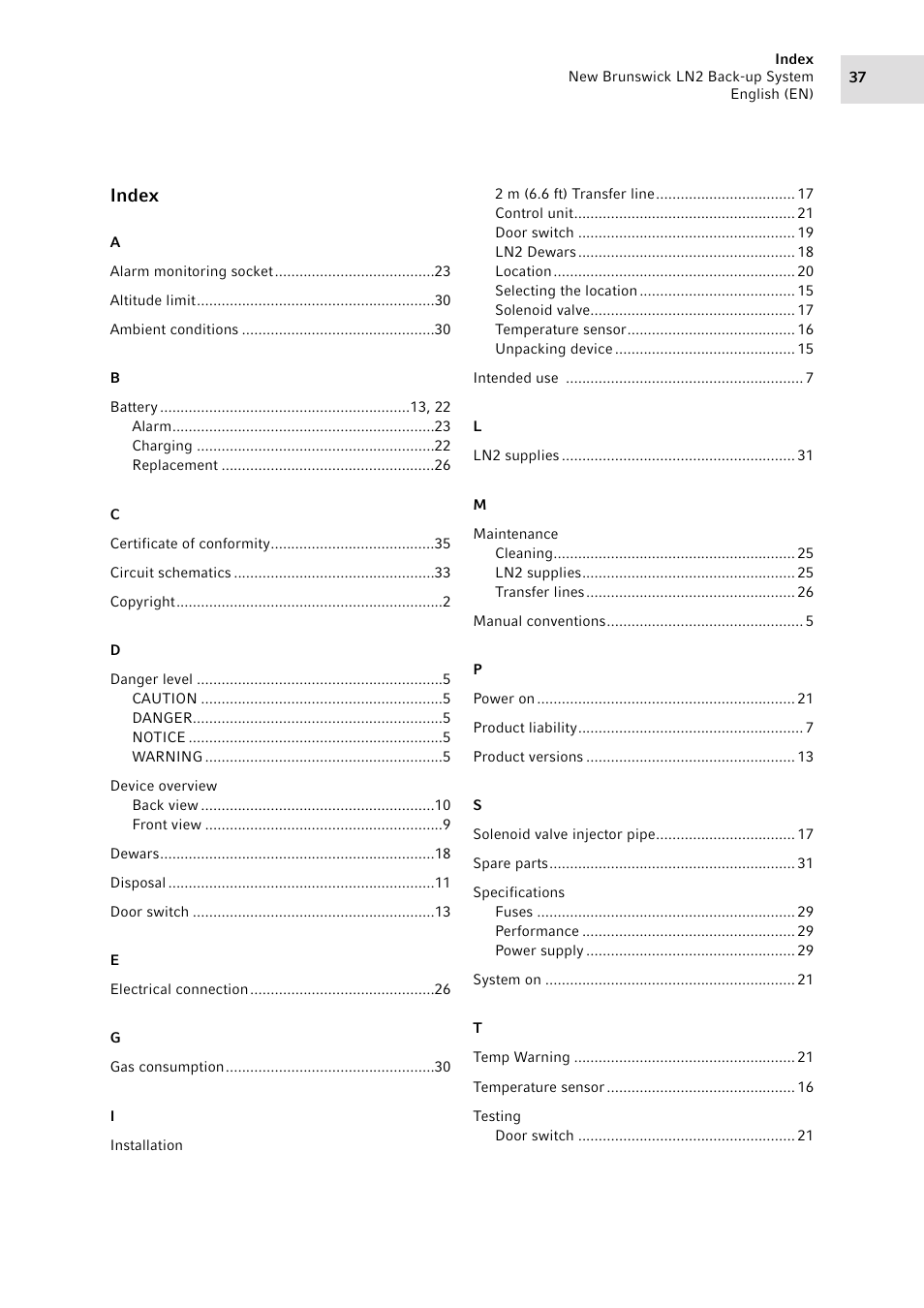 Index | Eppendorf LN2 Backup System User Manual | Page 37 / 40