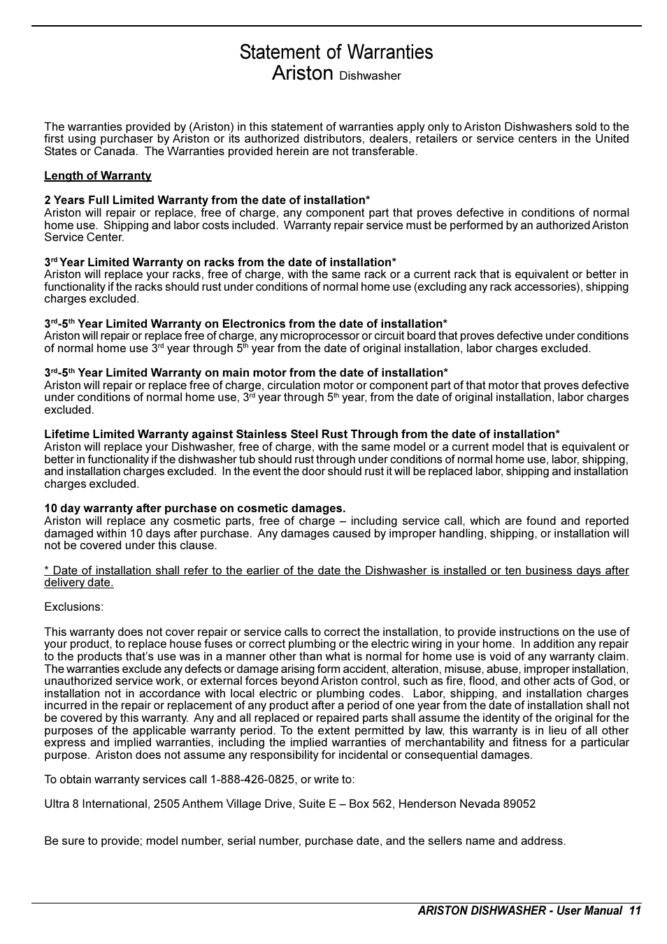 Statement of warranties ariston | Ariston LI 640 I-B-S-W User Manual | Page 13 / 36