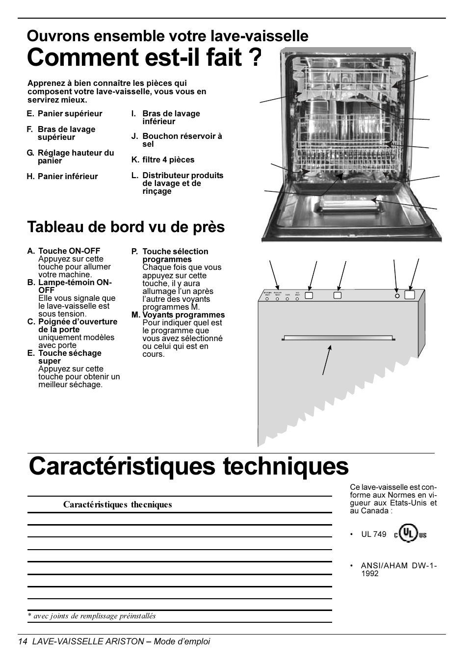 Comment est-il fait, Caractéristiques techniques, Tableau de bord vu de près | Ouvrons ensemble votre lave-vaisselle | Ariston LI 640 I-B-S-W User Manual | Page 16 / 36