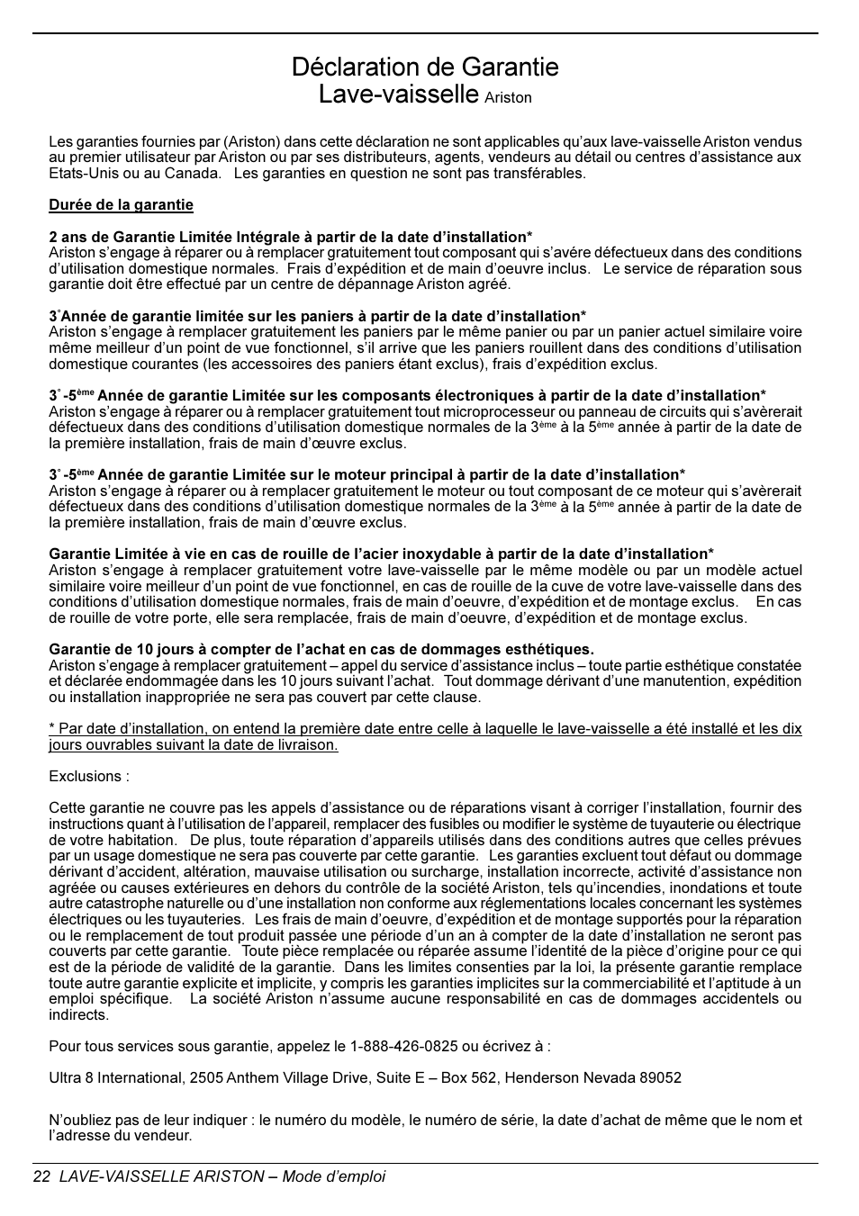 Déclaration de garantie lave-vaisselle | Ariston LI 640 I-B-S-W User Manual | Page 24 / 36