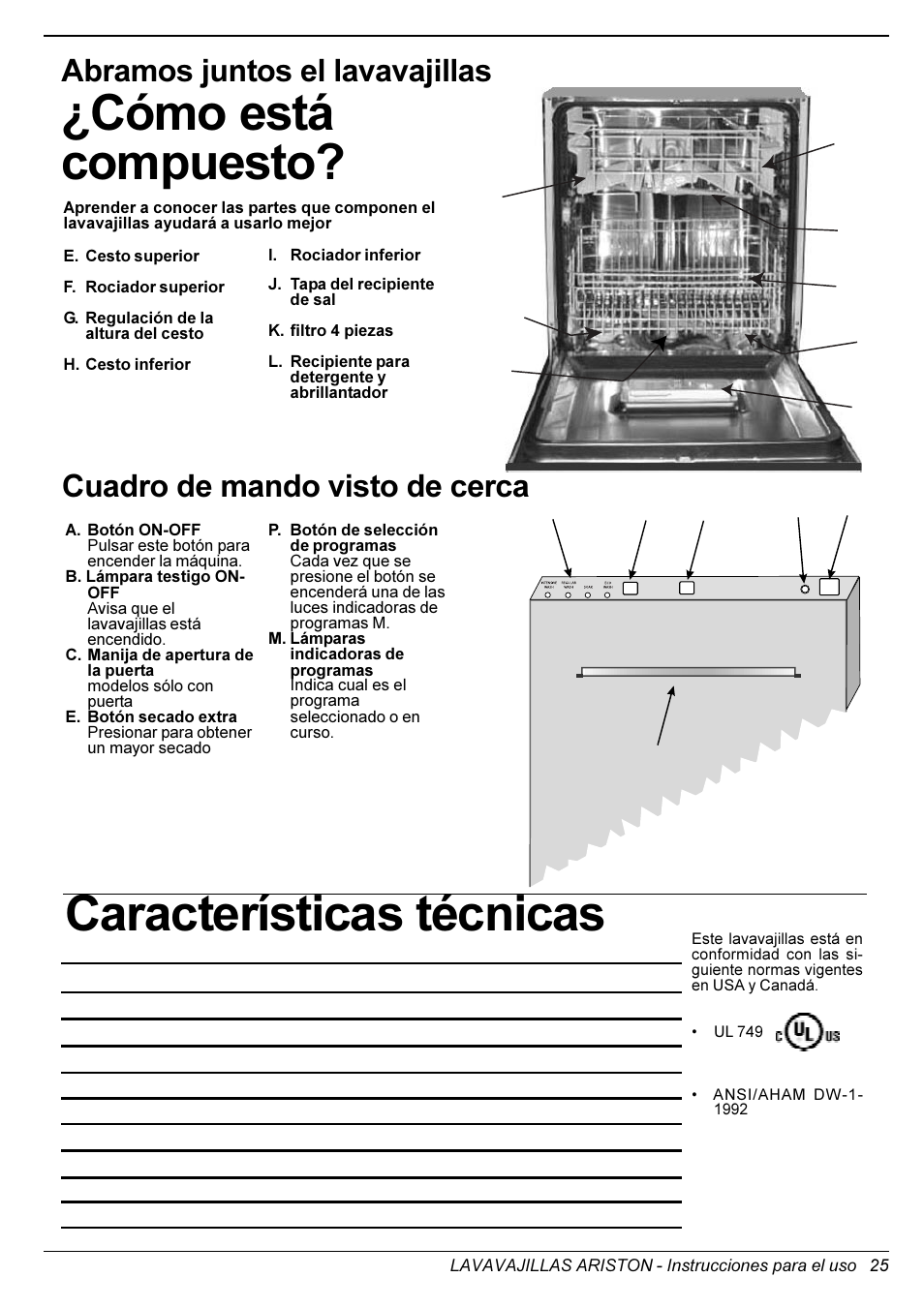 Cómo está compuesto, Características técnicas, Cuadro de mando visto de cerca | Abramos juntos el lavavajillas | Ariston LI 640 I-B-S-W User Manual | Page 27 / 36