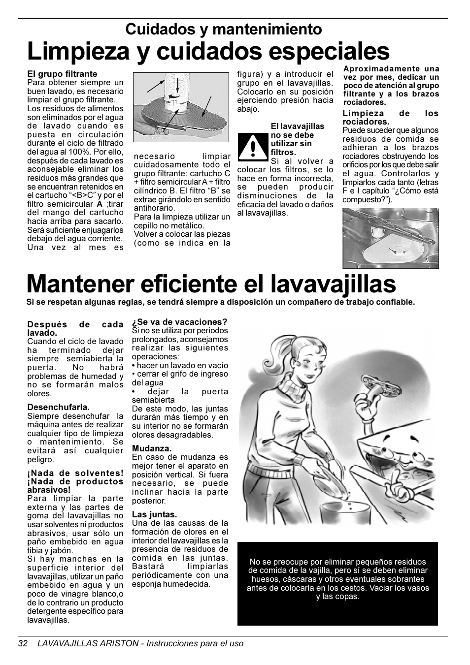 Mantener eficiente el lavavajillas, Limpieza y cuidados especiales, Cuidados y mantenimiento | Ariston LI 640 I-B-S-W User Manual | Page 34 / 36