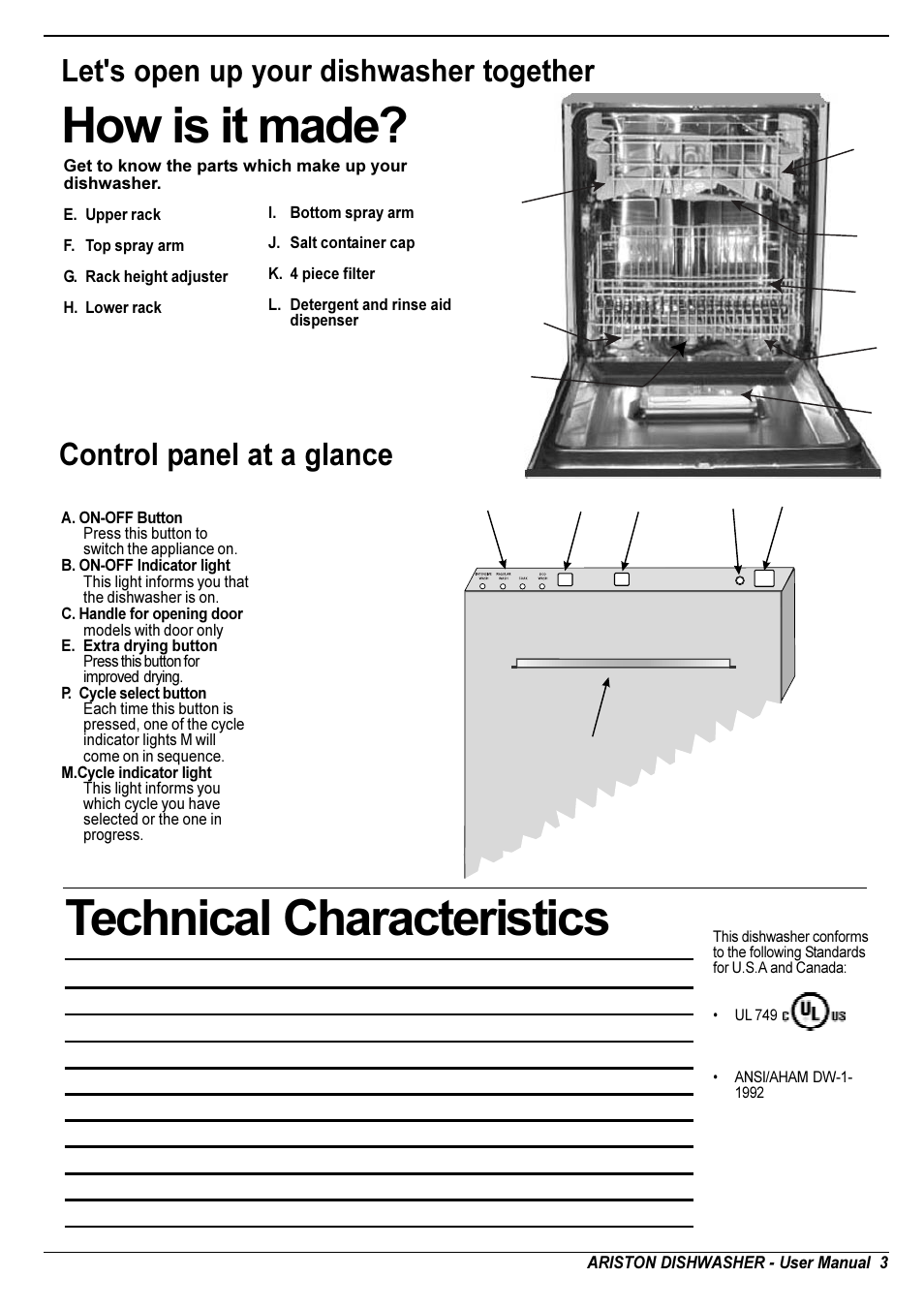 How is it made, Technical characteristics, Control panel at a glance | Let's open up your dishwasher together | Ariston LI 640 I-B-S-W User Manual | Page 5 / 36