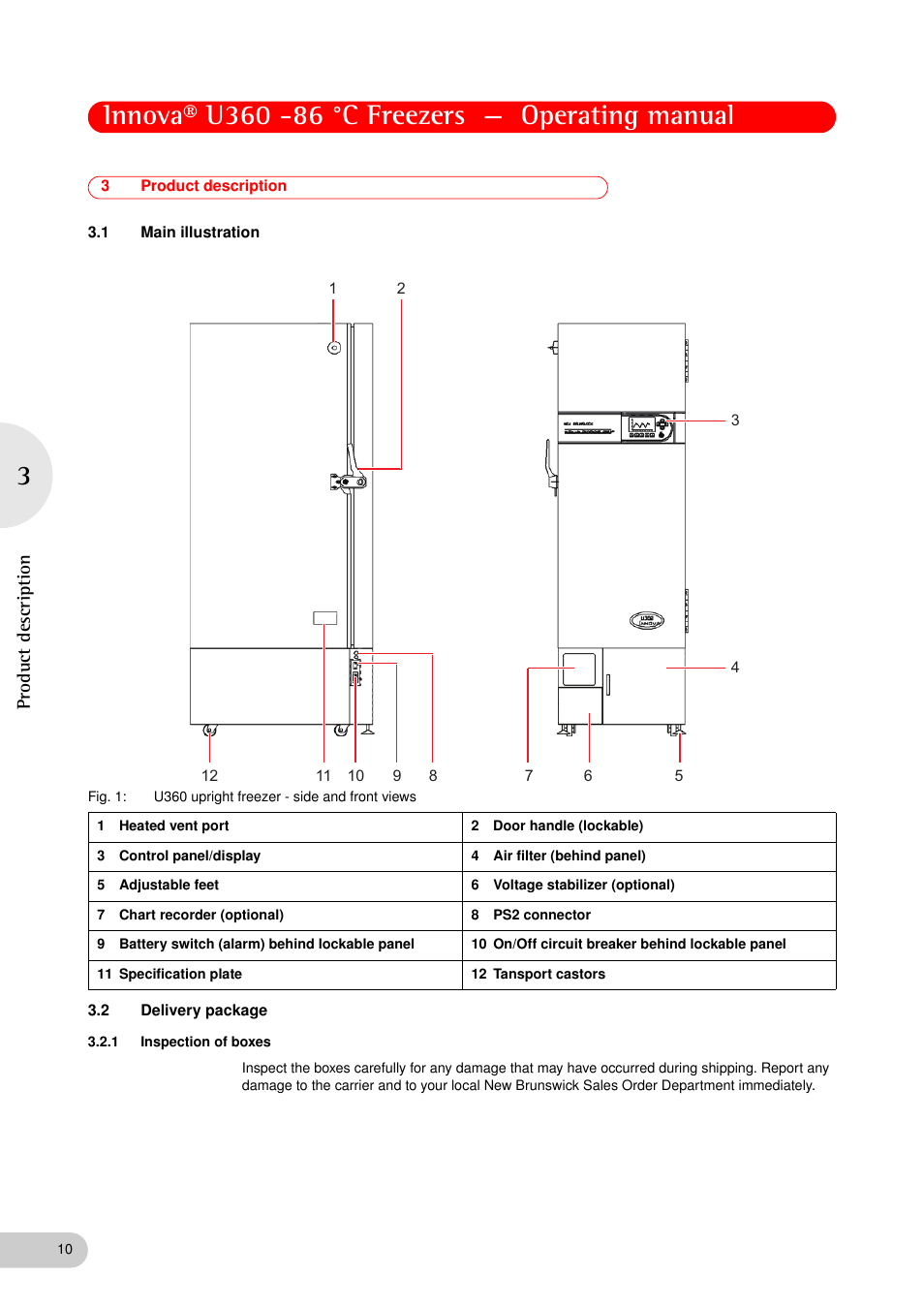 3 product description, 1 main illustration, 2 delivery package | 1 inspection of boxes, Product description 3.1, Main illustration, Delivery package 3.2.1, Inspection of boxes, Product descriptio n | Eppendorf New Brunswick -86 °C Freezers Innova U360 User Manual | Page 10 / 46