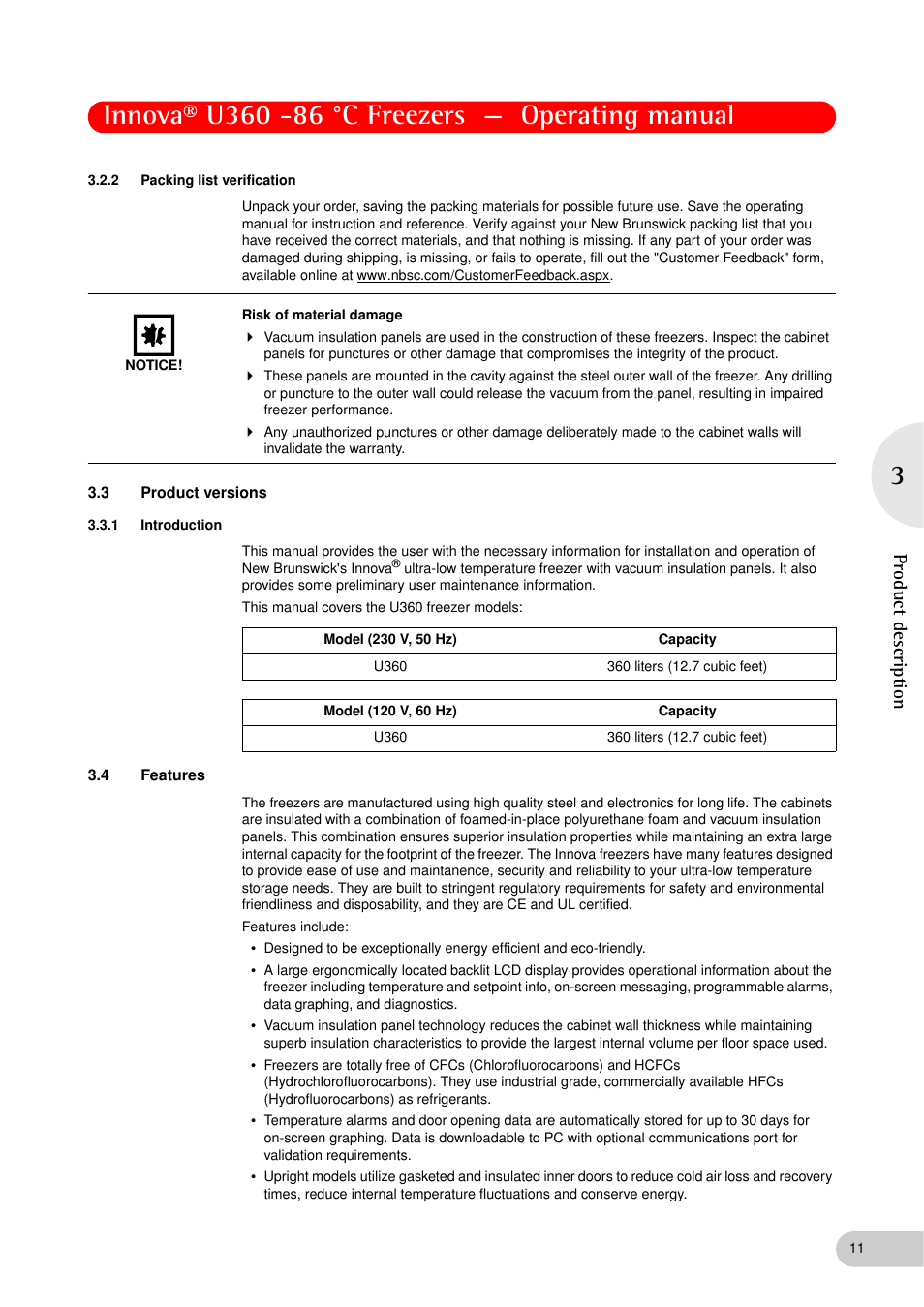 2 packing list verification, 3 product versions, 1 introduction | 4 features, Packing list verification, Product versions 3.3.1, Introduction, Features, Product descriptio n | Eppendorf New Brunswick -86 °C Freezers Innova U360 User Manual | Page 11 / 46
