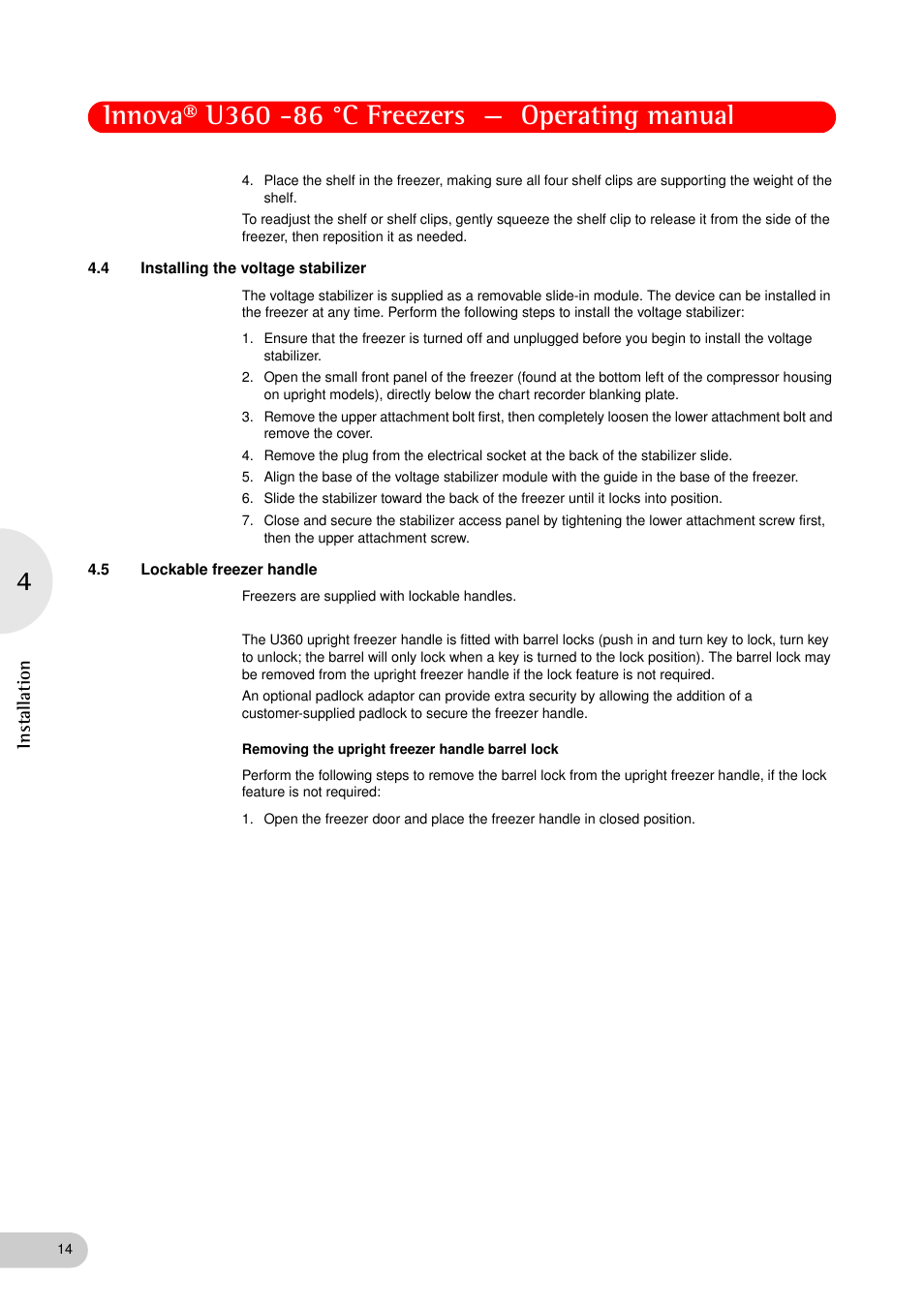 4 installing the voltage stabilizer, 5 lockable freezer handle, Installing the voltage stabilizer | Lockable freezer handle, Installation | Eppendorf New Brunswick -86 °C Freezers Innova U360 User Manual | Page 14 / 46