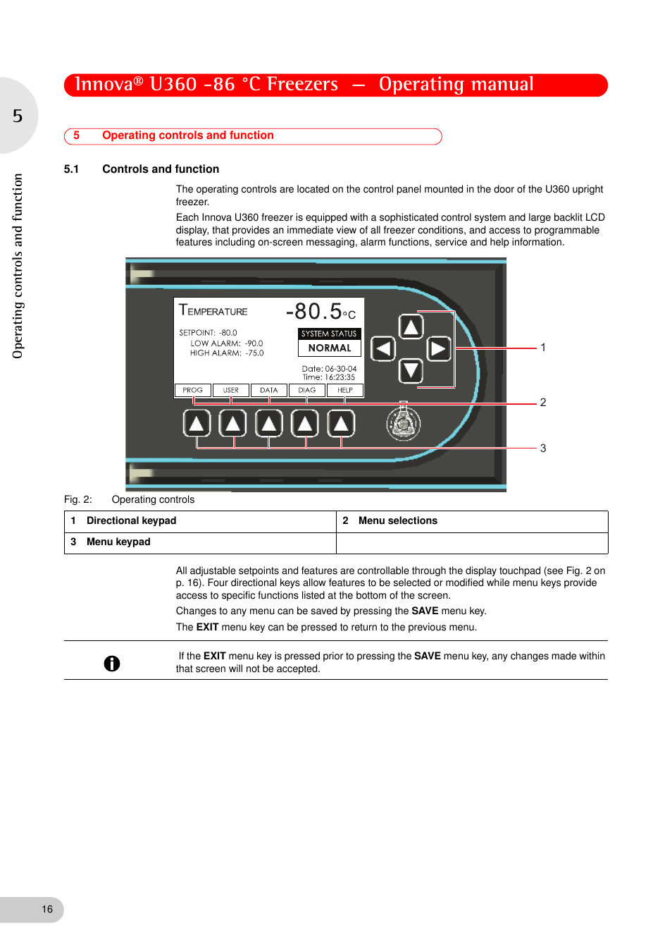 5 operating controls and function, 1 controls and function, Operating controls and function 5.1 | Controls and function, Op erating control s and function | Eppendorf New Brunswick -86 °C Freezers Innova U360 User Manual | Page 16 / 46