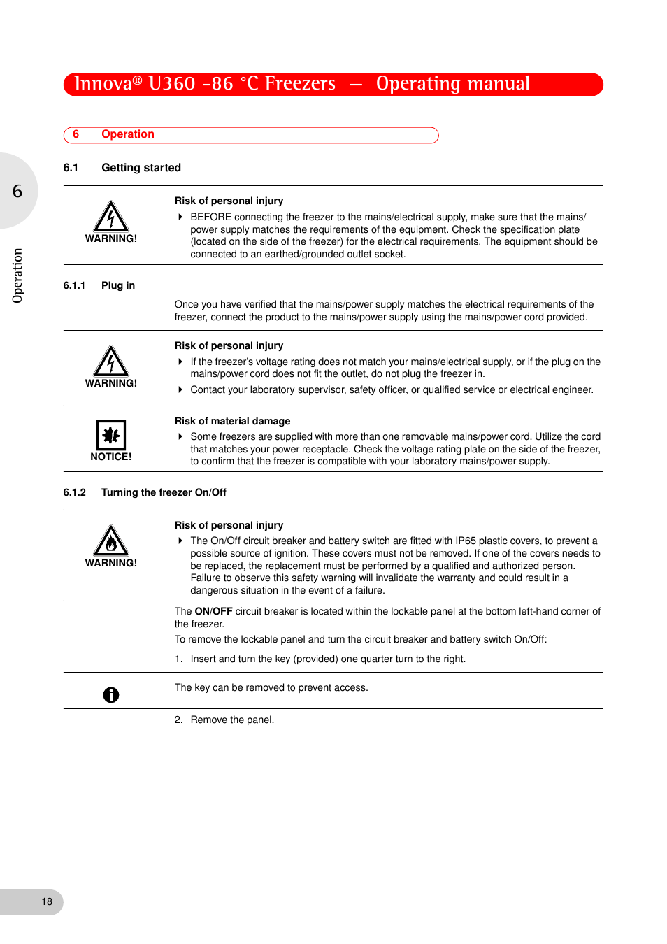 6 operation, 1 getting started, 1 plug in | 2 turning the freezer on/off, Operation 6.1, Getting started 6.1.1, Plug in, Turning the freezer on/off, Op eration | Eppendorf New Brunswick -86 °C Freezers Innova U360 User Manual | Page 18 / 46