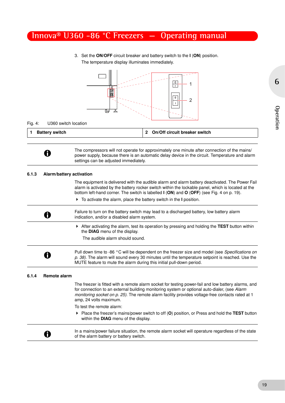 3 alarm/battery activation, 4 remote alarm, Alarm/battery activation | Remote alarm, Oper at ion | Eppendorf New Brunswick -86 °C Freezers Innova U360 User Manual | Page 19 / 46
