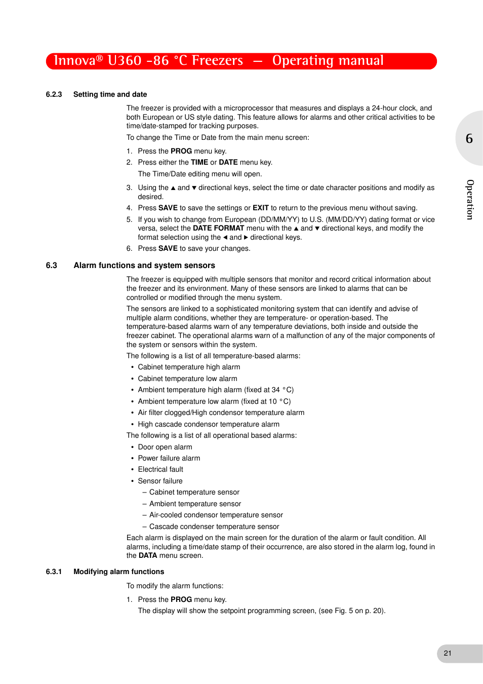 3 setting time and date, 3 alarm functions and system sensors, 1 modifying alarm functions | Setting time and date, Alarm functions and system sensors 6.3.1, Modifying alarm functions, Oper at ion | Eppendorf New Brunswick -86 °C Freezers Innova U360 User Manual | Page 21 / 46