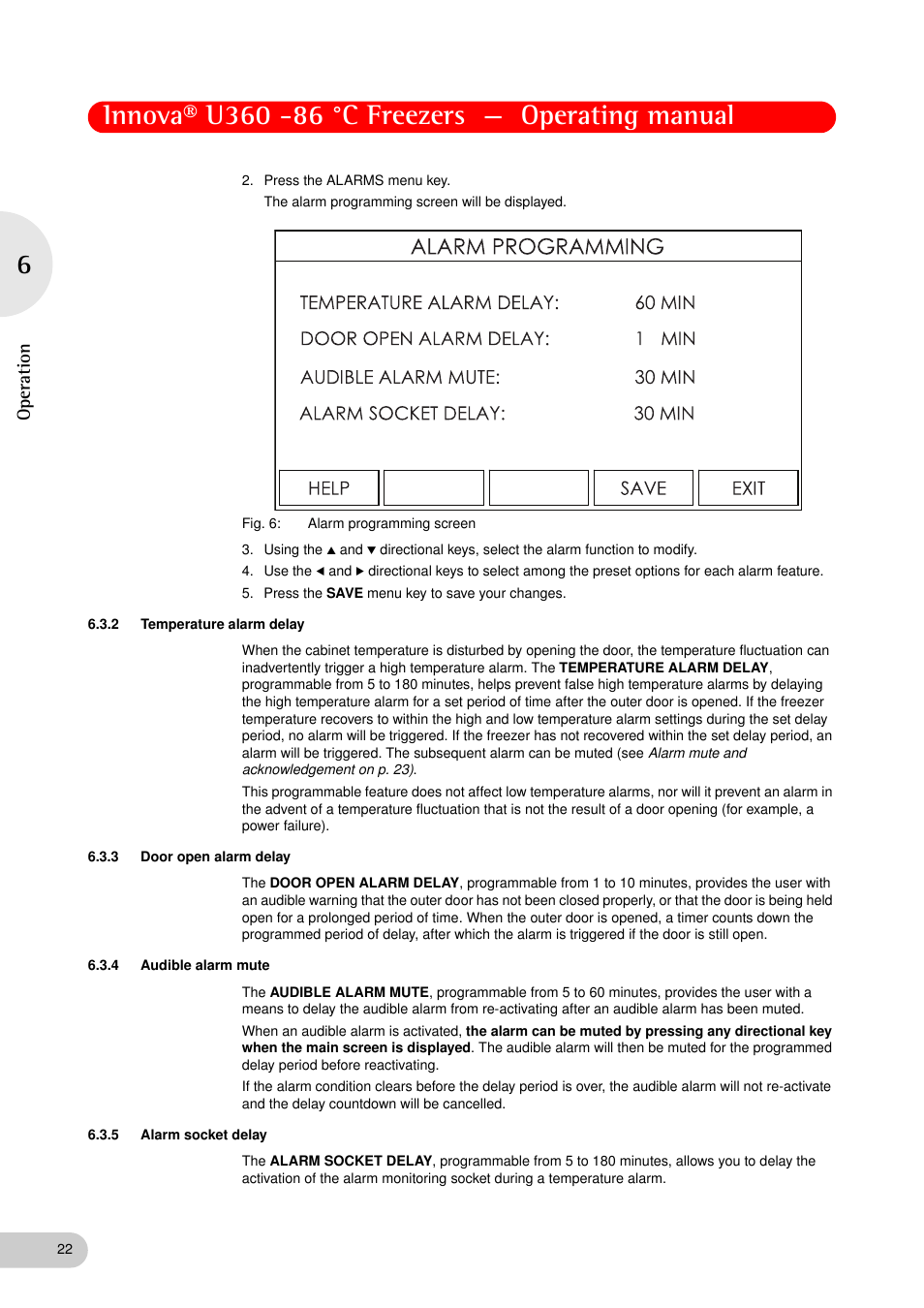 2 temperature alarm delay, 3 door open alarm delay, 4 audible alarm mute | 5 alarm socket delay, Temperature alarm delay, Door open alarm delay, Audible alarm mute, Alarm socket delay, Op eration | Eppendorf New Brunswick -86 °C Freezers Innova U360 User Manual | Page 22 / 46