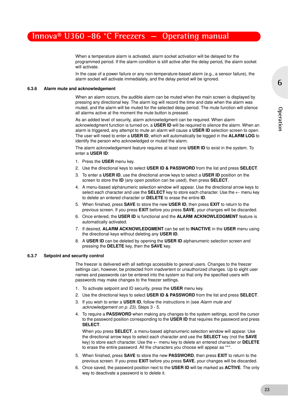 6 alarm mute and acknowledgement, 7 setpoint and security control, Alarm mute and acknowledgement | Setpoint and security control, Oper at ion | Eppendorf New Brunswick -86 °C Freezers Innova U360 User Manual | Page 23 / 46