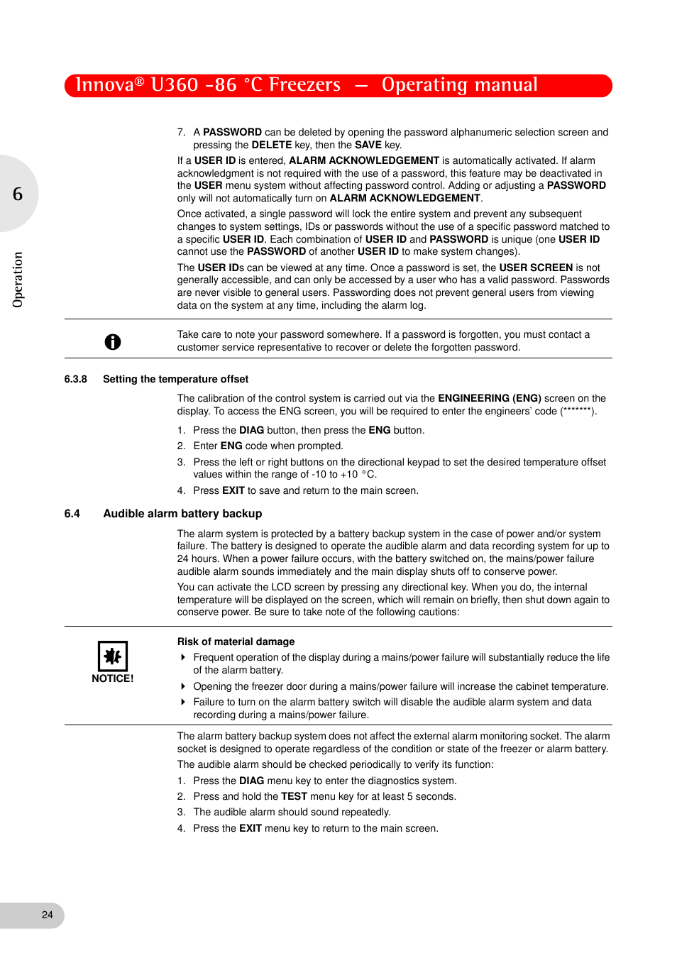 8 setting the temperature offset, 4 audible alarm battery backup, Setting the temperature offset | Audible alarm battery backup, Op eration | Eppendorf New Brunswick -86 °C Freezers Innova U360 User Manual | Page 24 / 46