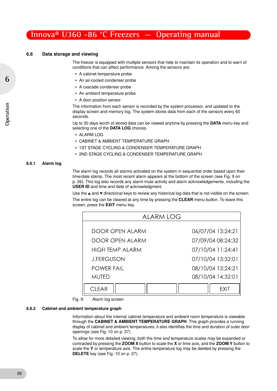 6 data storage and viewing, 1 alarm log, 2 cabinet and ambient temperature graph | Data storage and viewing 6.6.1, Alarm log, Cabinet and ambient temperature graph, Op eration | Eppendorf New Brunswick -86 °C Freezers Innova U360 User Manual | Page 26 / 46