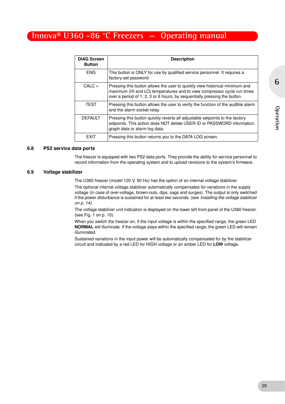 8 ps2 service data ports, 9 voltage stabilizer, Ps2 service data ports | Voltage stabilizer | Eppendorf New Brunswick -86 °C Freezers Innova U360 User Manual | Page 29 / 46