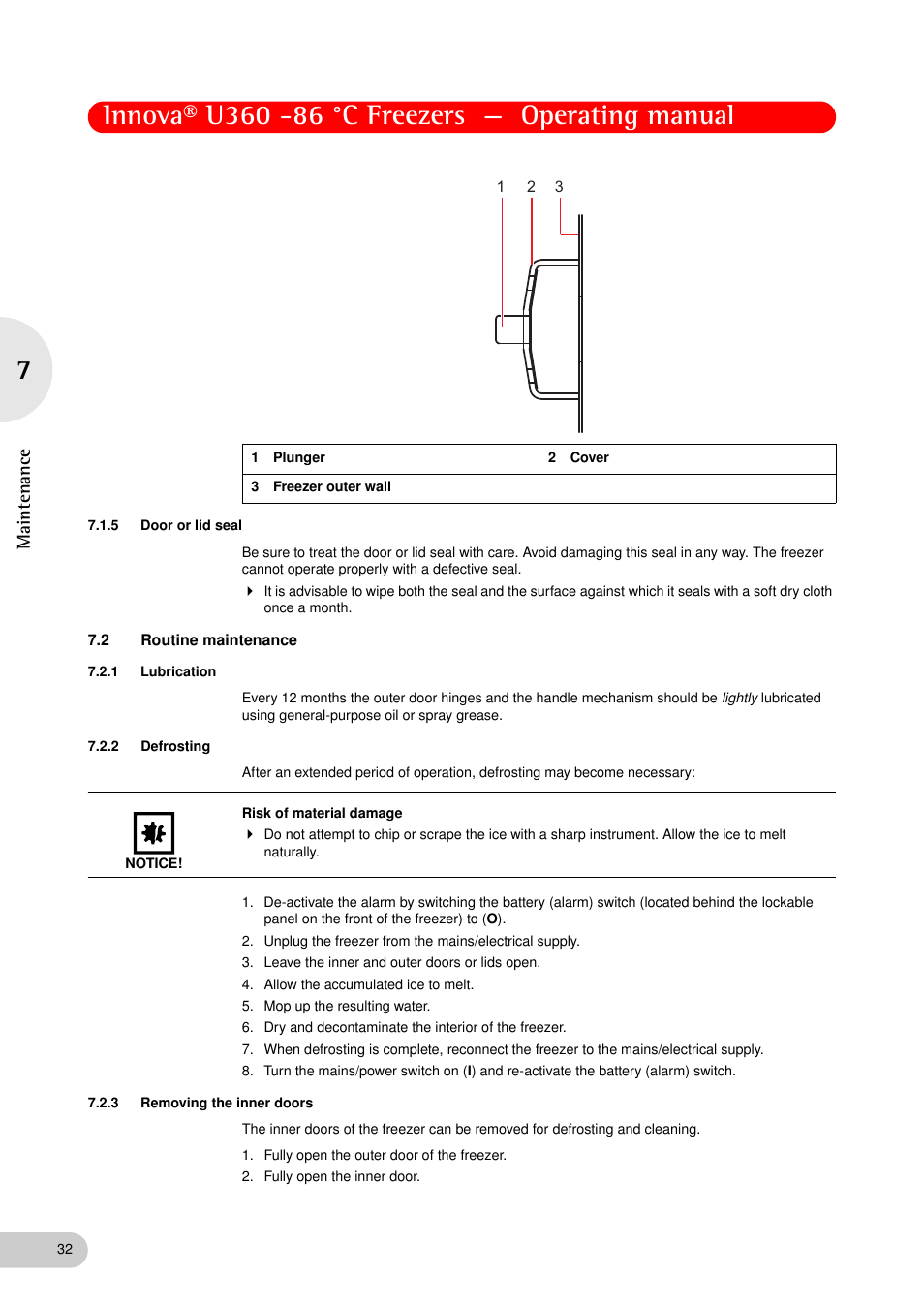 5 door or lid seal, 2 routine maintenance, 1 lubrication | 2 defrosting, 3 removing the inner doors, Door or lid seal, Routine maintenance 7.2.1, Lubrication, Defrosting, Removing the inner doors | Eppendorf New Brunswick -86 °C Freezers Innova U360 User Manual | Page 32 / 46