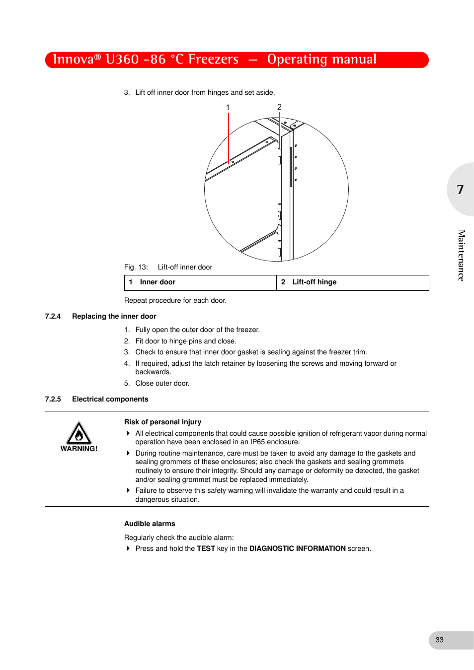 4 replacing the inner door, 5 electrical components, Replacing the inner door | Electrical components, Ma in ten ance | Eppendorf New Brunswick -86 °C Freezers Innova U360 User Manual | Page 33 / 46