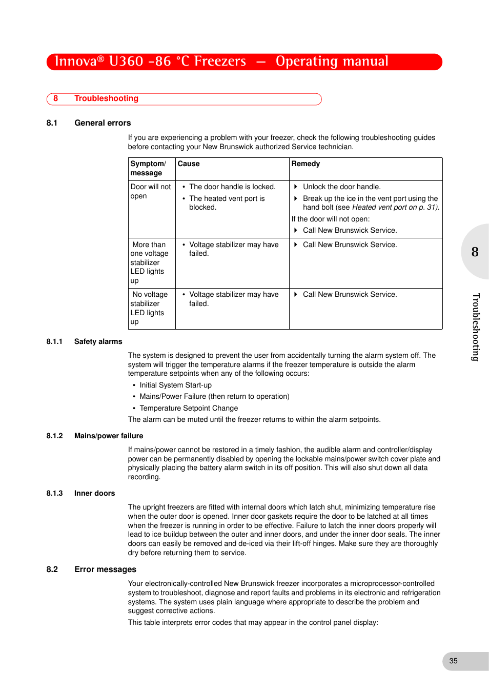 8 troubleshooting, 1 general errors, 1 safety alarms | 2 mains/power failure, 3 inner doors, 2 error messages, Troubleshooting 8.1, General errors 8.1.1, Safety alarms, Mains/power failure | Eppendorf New Brunswick -86 °C Freezers Innova U360 User Manual | Page 35 / 46