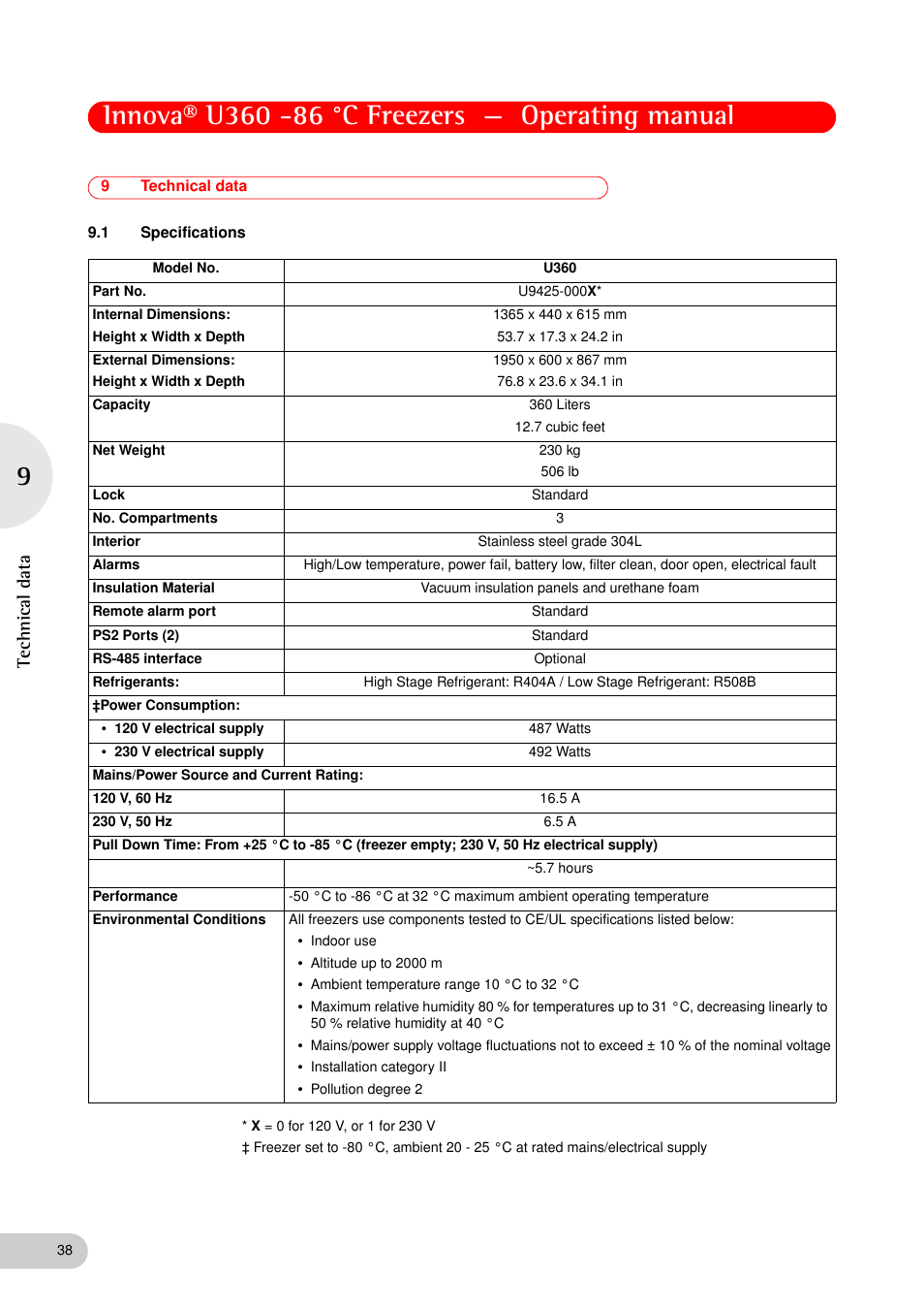 9 technical data, 1 specifications, Technical data 9.1 | Specifications, Technical data | Eppendorf New Brunswick -86 °C Freezers Innova U360 User Manual | Page 38 / 46