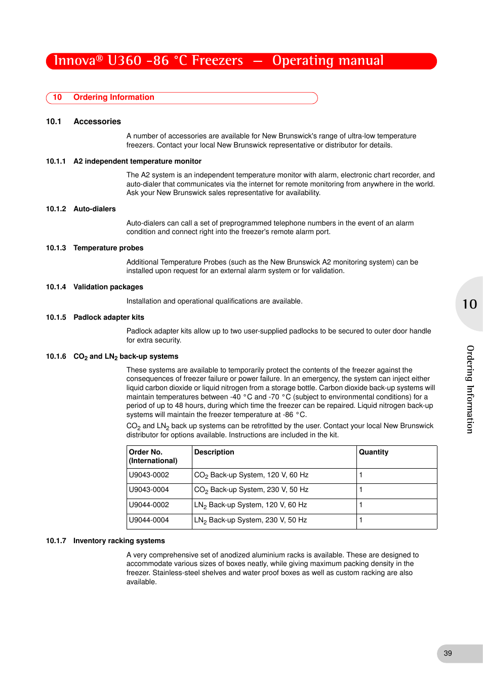 10 ordering information, 1 accessories, 1 a2 independent temperature monitor | 2 auto-dialers, 3 temperature probes, 4 validation packages, 5 padlock adapter kits, 6 co2 and ln2 back-up systems, 7 inventory racking systems, And ln | Eppendorf New Brunswick -86 °C Freezers Innova U360 User Manual | Page 39 / 46