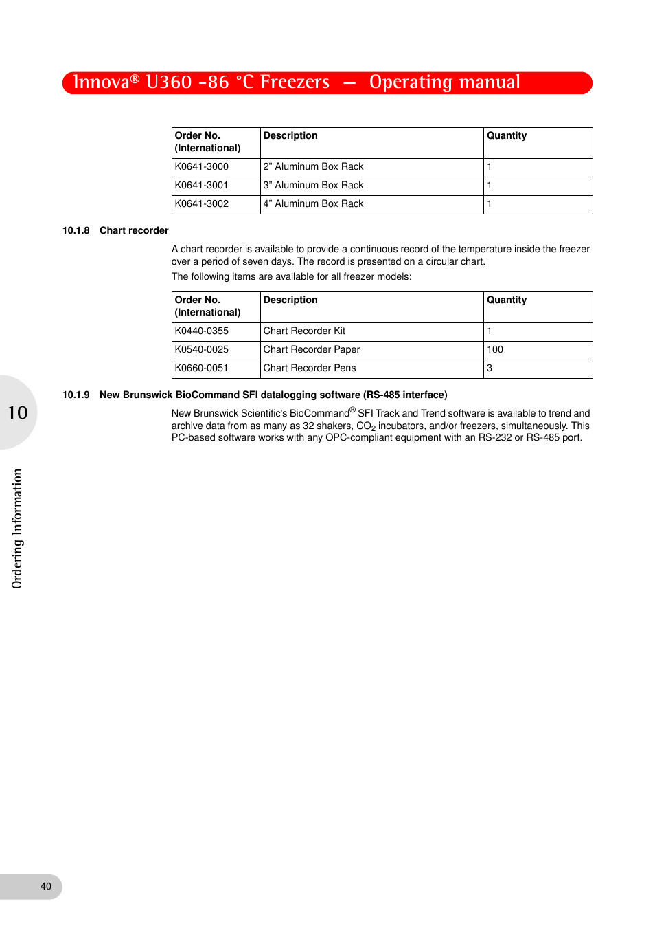 8 chart recorder, Ordering information | Eppendorf New Brunswick -86 °C Freezers Innova U360 User Manual | Page 40 / 46