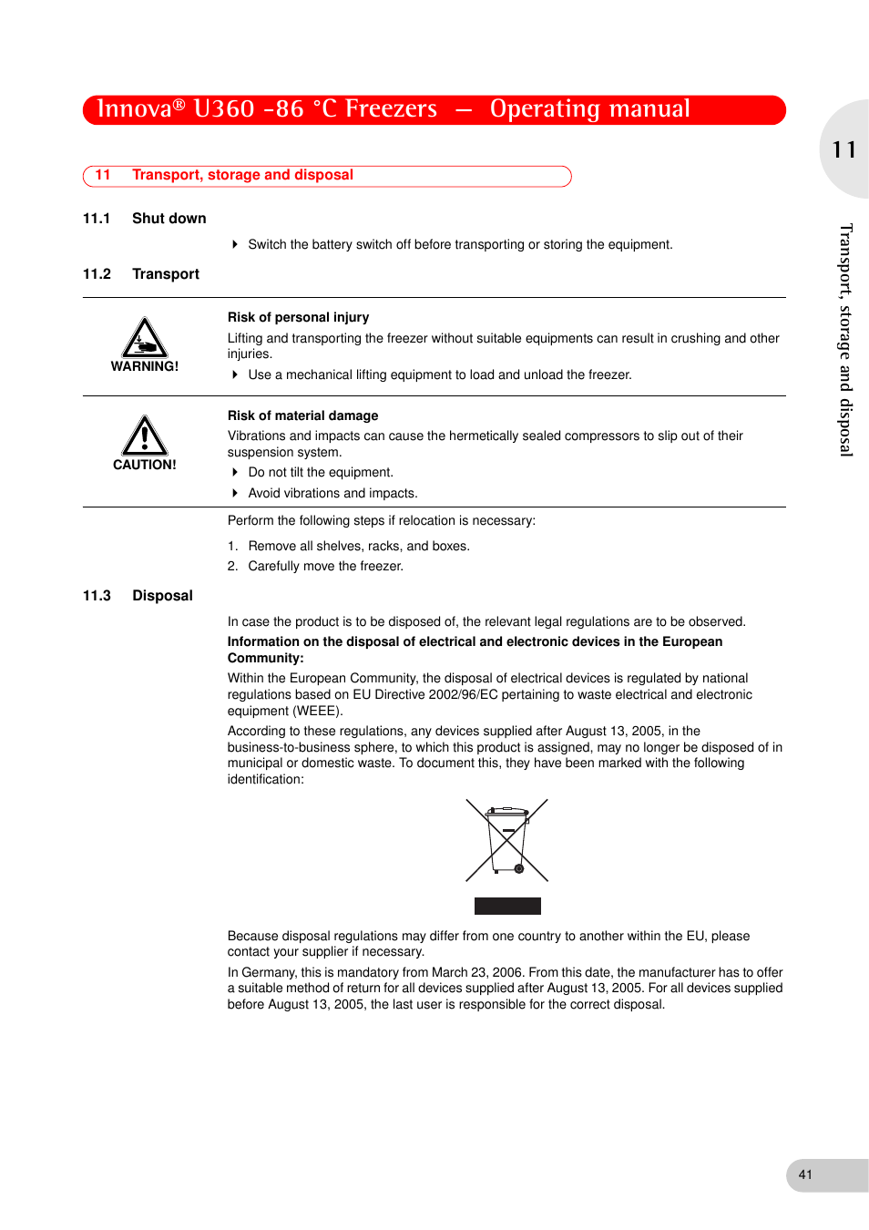 11 transport, storage and disposal, 1 shut down, 2 transport | 3 disposal, Shut down, Transport, Disposal, Transport, storage and disposal | Eppendorf New Brunswick -86 °C Freezers Innova U360 User Manual | Page 41 / 46