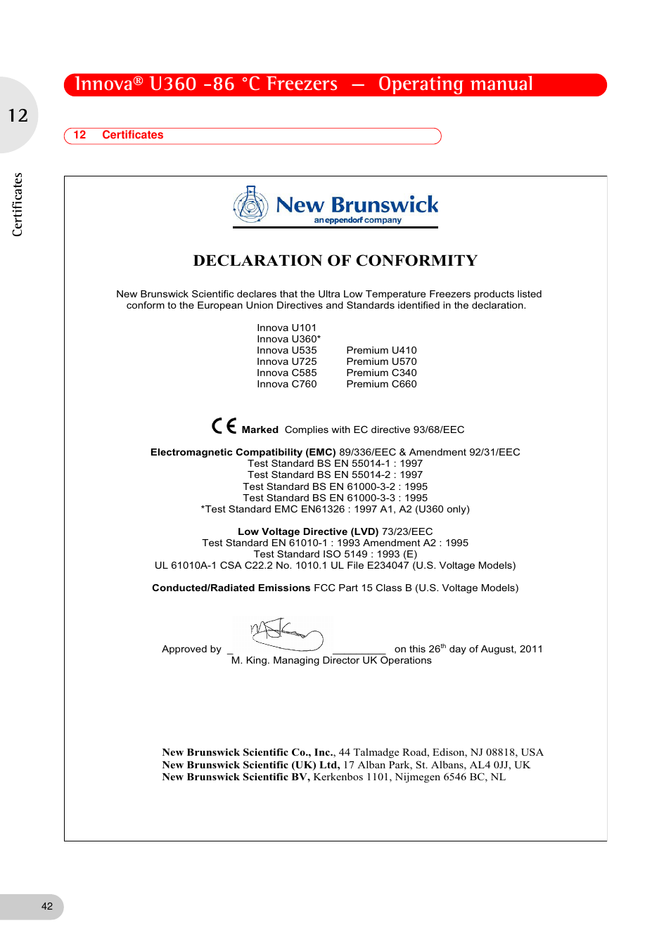 12 certificates, Declaration of conformity, Certifica te s | Eppendorf New Brunswick -86 °C Freezers Innova U360 User Manual | Page 42 / 46