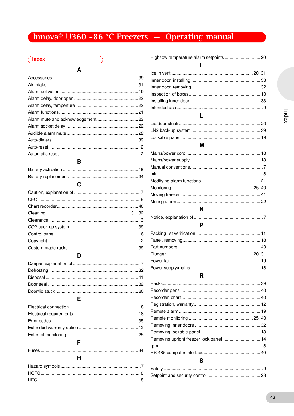 Index | Eppendorf New Brunswick -86 °C Freezers Innova U360 User Manual | Page 43 / 46