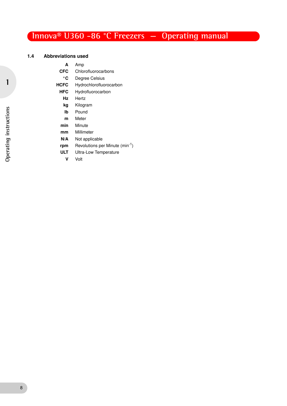 4 abbreviations used, Abbreviations used, Operating instruc tions | Eppendorf New Brunswick -86 °C Freezers Innova U360 User Manual | Page 8 / 46