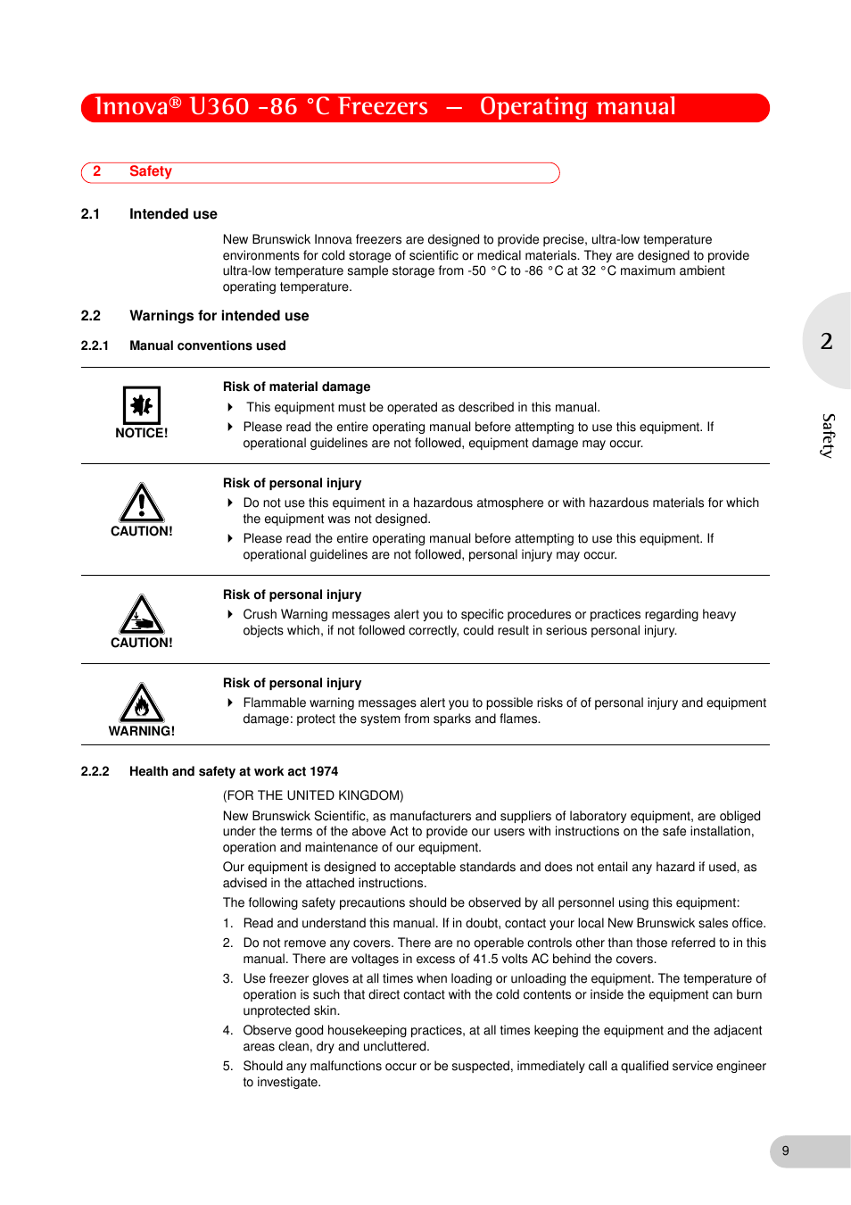 2 safety, 1 intended use, 2 warnings for intended use | 1 manual conventions used, 2 health and safety at work act 1974, Safety 2.1, Intended use, Warnings for intended use 2.2.1, Manual conventions used, Health and safety at work act 1974 | Eppendorf New Brunswick -86 °C Freezers Innova U360 User Manual | Page 9 / 46