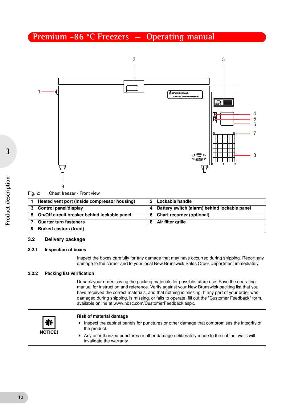 2 delivery package, 1 inspection of boxes, 2 packing list verification | Delivery package 3.2.1, Inspection of boxes, Packing list verification, Premium -86 °c freezers — operating manual, Product descriptio n | Eppendorf New Brunswick -86 °C Freezers Premium User Manual | Page 10 / 44