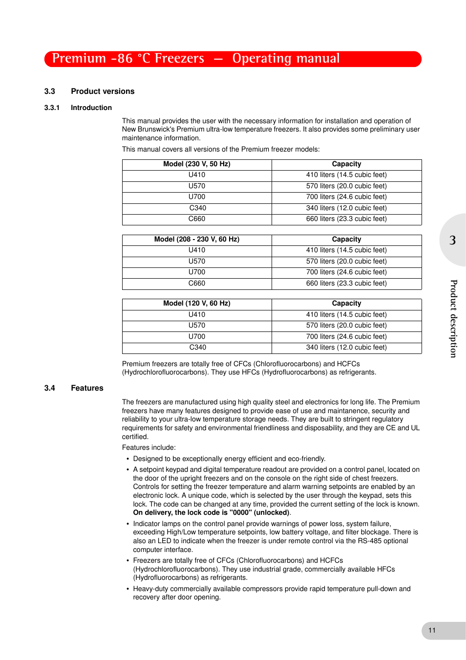 3 product versions, 1 introduction, 4 features | Product versions 3.3.1, Introduction, Features, Premium -86 °c freezers — operating manual, Product descriptio n | Eppendorf New Brunswick -86 °C Freezers Premium User Manual | Page 11 / 44