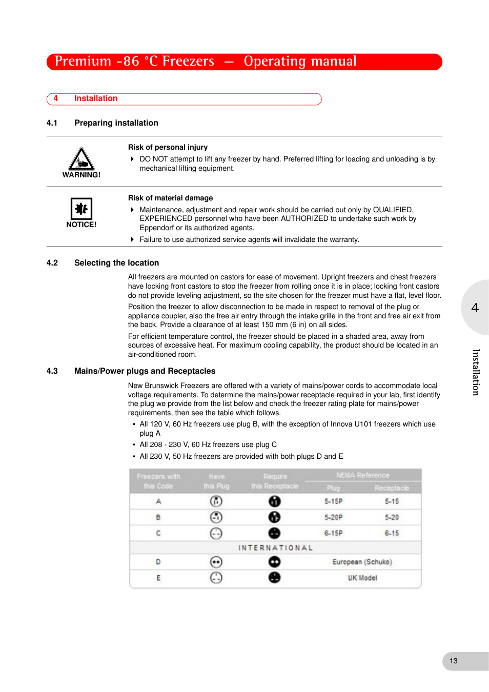 4 installation, 1 preparing installation, 2 selecting the location | 3 mains/power plugs and receptacles, Installation 4.1, Preparing installation, Selecting the location, Mains/power plugs and receptacles, Premium -86 °c freezers — operating manual, Installation | Eppendorf New Brunswick -86 °C Freezers Premium User Manual | Page 13 / 44