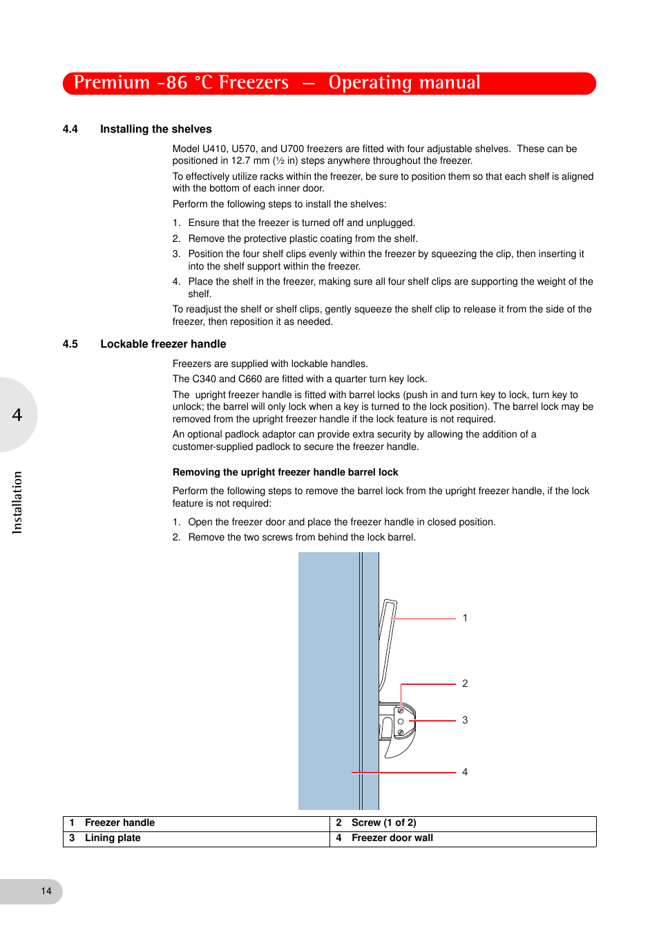 4 installing the shelves, 5 lockable freezer handle, Installing the shelves | Lockable freezer handle, Premium -86 °c freezers — operating manual | Eppendorf New Brunswick -86 °C Freezers Premium User Manual | Page 14 / 44