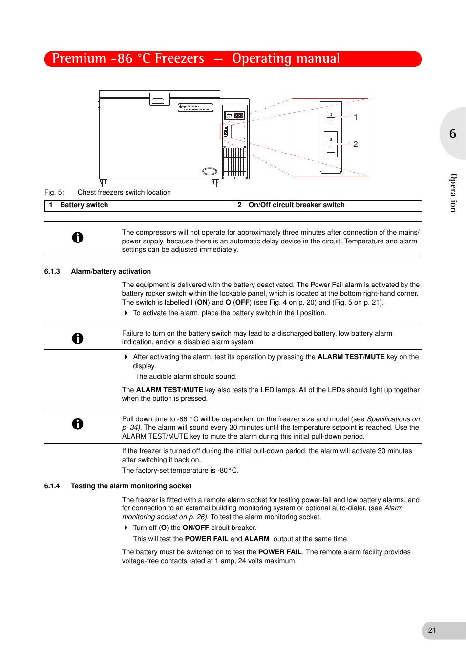 3 alarm/battery activation, 4 testing the alarm monitoring socket, Alarm/battery activation | Testing the alarm monitoring socket, Premium -86 °c freezers — operating manual, Oper at ion | Eppendorf New Brunswick -86 °C Freezers Premium User Manual | Page 21 / 44