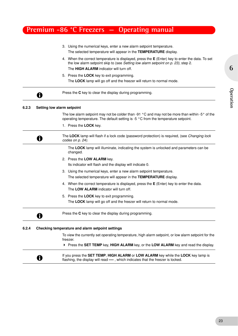 3 setting low alarm setpoint, 4 checking temperature and alarm setpoint settings, Setting low alarm setpoint | Checking temperature and alarm setpoint settings, Premium -86 °c freezers — operating manual, Oper at ion | Eppendorf New Brunswick -86 °C Freezers Premium User Manual | Page 23 / 44