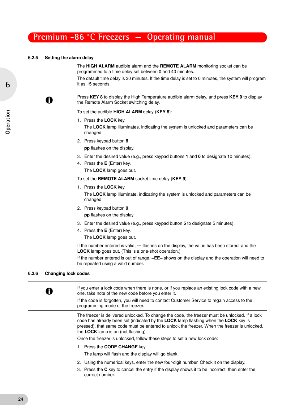 5 setting the alarm delay, 6 changing lock codes, Setting the alarm delay | Changing lock codes, See changing lock codes on p. 24), Premium -86 °c freezers — operating manual, Op eration | Eppendorf New Brunswick -86 °C Freezers Premium User Manual | Page 24 / 44