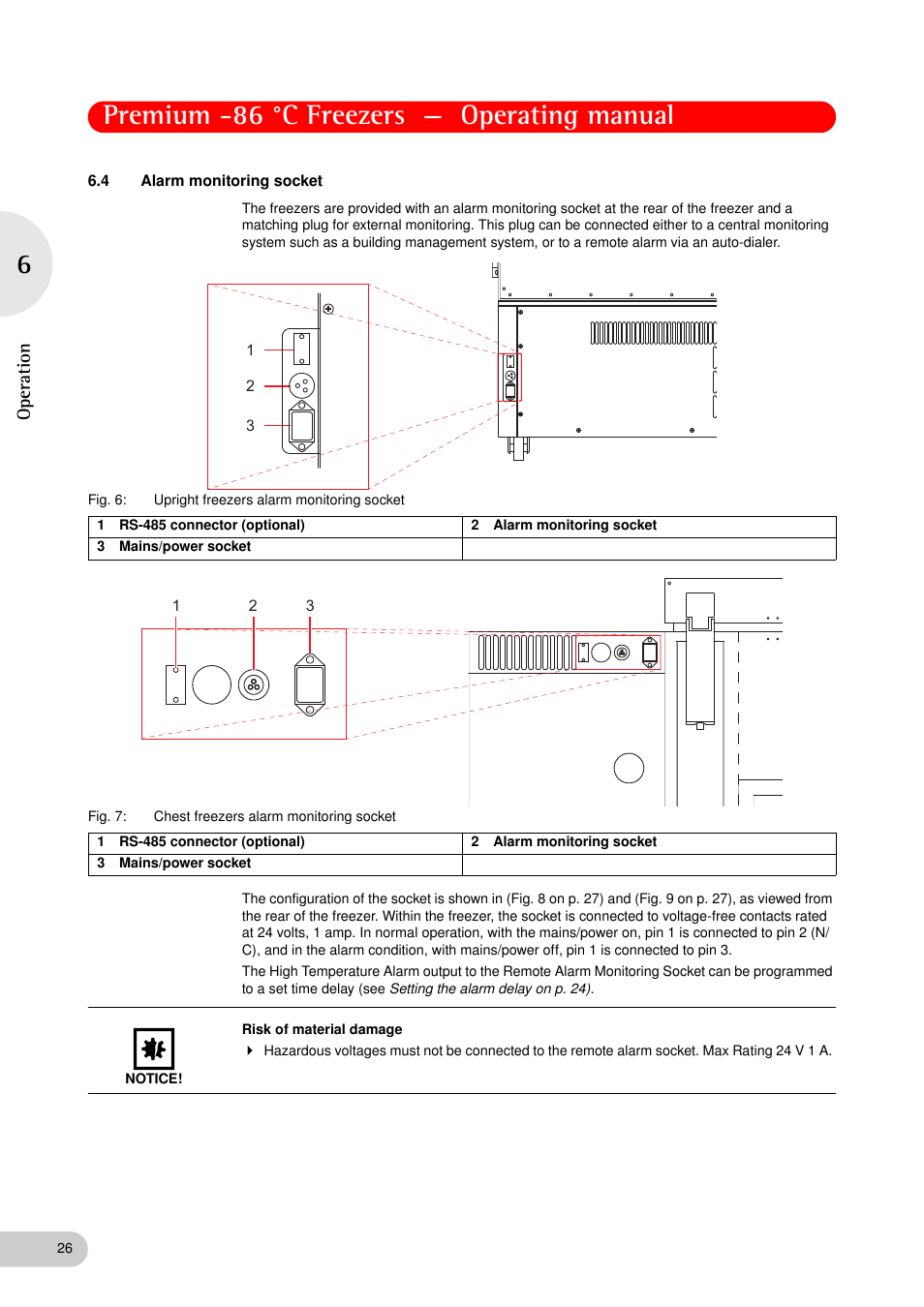 4 alarm monitoring socket, Alarm monitoring socket, See alarm monitoring socket on p. 26) | Premium -86 °c freezers — operating manual, Op eration | Eppendorf New Brunswick -86 °C Freezers Premium User Manual | Page 26 / 44