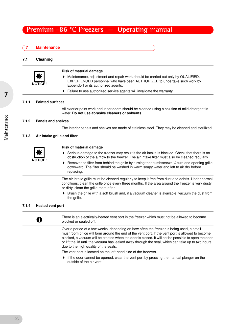 7 maintenance, 1 cleaning, 1 painted surfaces | 2 panels and shelves, 3 air intake grille and filter, 4 heated vent port, Maintenance 7.1, Cleaning 7.1.1, Painted surfaces, Panels and shelves | Eppendorf New Brunswick -86 °C Freezers Premium User Manual | Page 28 / 44