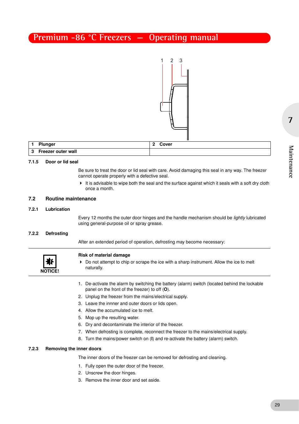 5 door or lid seal, 2 routine maintenance, 1 lubrication | 2 defrosting, 3 removing the inner doors, Door or lid seal, Routine maintenance 7.2.1, Lubrication, Defrosting, Removing the inner doors | Eppendorf New Brunswick -86 °C Freezers Premium User Manual | Page 29 / 44