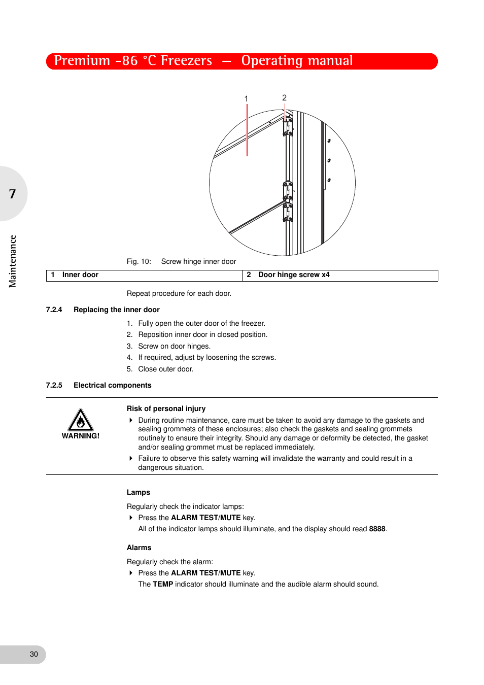 4 replacing the inner door, 5 electrical components, Replacing the inner door | Electrical components, Premium -86 °c freezers — operating manual, Maintenance | Eppendorf New Brunswick -86 °C Freezers Premium User Manual | Page 30 / 44