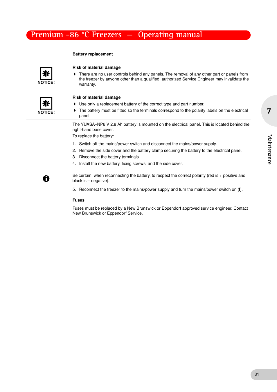 Premium -86 °c freezers — operating manual, Ma in ten ance | Eppendorf New Brunswick -86 °C Freezers Premium User Manual | Page 31 / 44