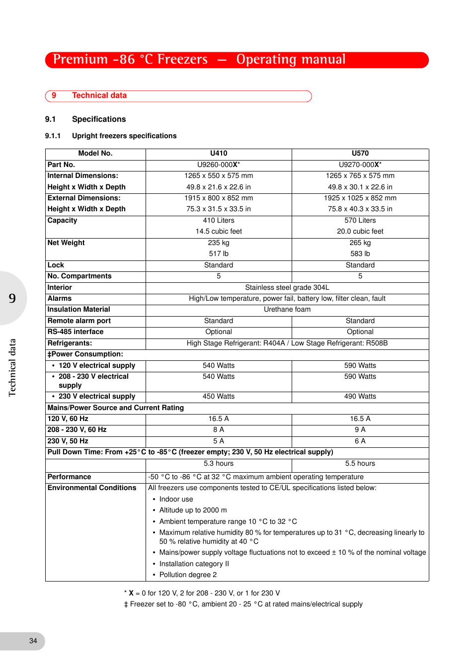 9 technical data, 1 specifications, 1 upright freezers specifications | Technical data 9.1, Specifications 9.1.1, Upright freezers specifications, See specifications on p. 34) . the, Premium -86 °c freezers — operating manual, Technical data | Eppendorf New Brunswick -86 °C Freezers Premium User Manual | Page 34 / 44