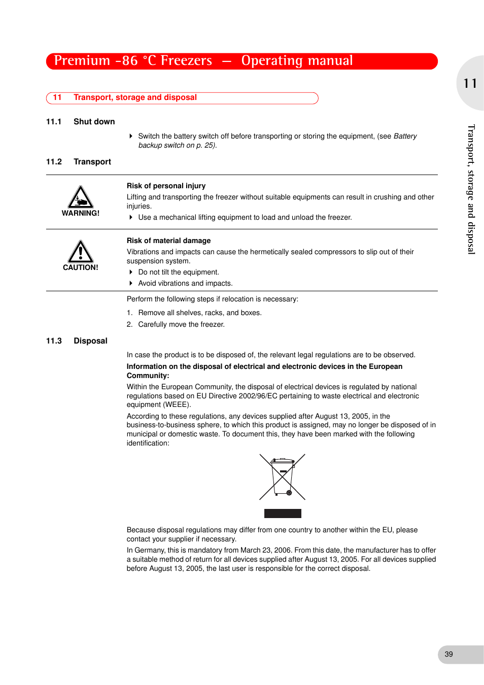 11 transport, storage and disposal, 1 shut down, 2 transport | 3 disposal, Shut down, Transport, Disposal, Premium -86 °c freezers — operating manual, Transport, storage and disposal | Eppendorf New Brunswick -86 °C Freezers Premium User Manual | Page 39 / 44