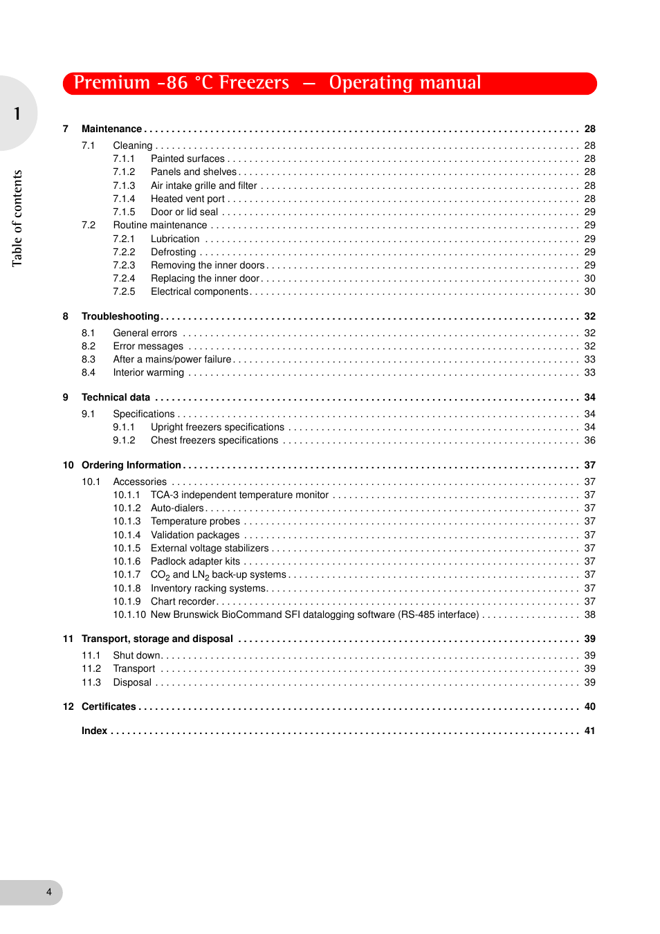 Premium -86 °c freezers — operating manual, Ta ble of conte nts | Eppendorf New Brunswick -86 °C Freezers Premium User Manual | Page 4 / 44
