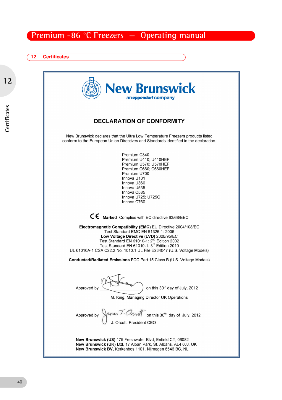 12 certificates, Premium -86 °c freezers — operating manual | Eppendorf New Brunswick -86 °C Freezers Premium User Manual | Page 40 / 44