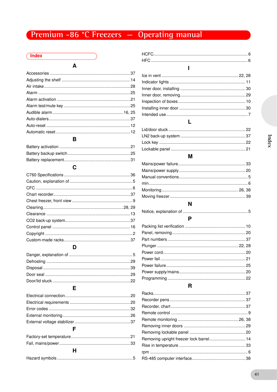 Index, Premium -86 °c freezers — operating manual | Eppendorf New Brunswick -86 °C Freezers Premium User Manual | Page 41 / 44